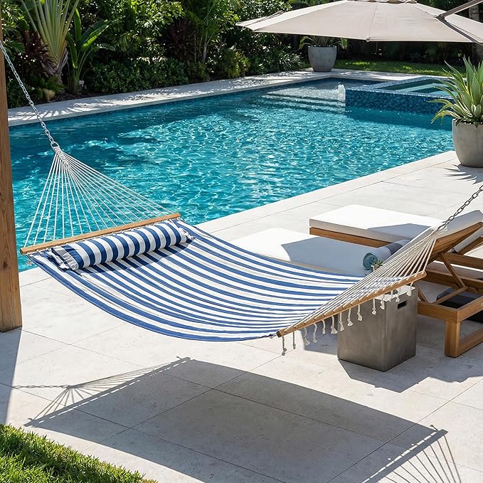 Sunnydaze Quilted Outdoor Hammock with Spreader Bars - Heavy-Duty 450-Pound Capacity Double Hammock for Outside - Blue and White Stripe