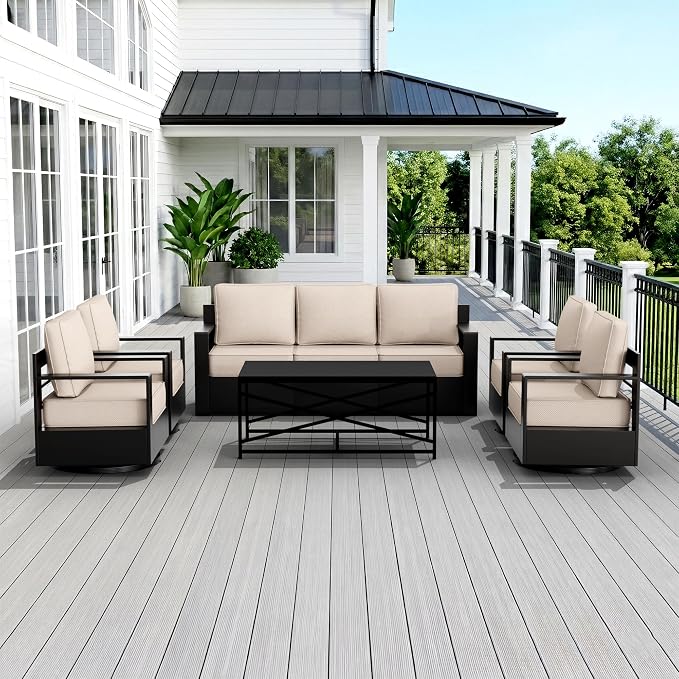 Outdoor Patio Furniture Set, 6-Piece Aluminum Patio Conversation Set All-Weather Metal Outdoor Sectional with 6 Inch Thick Cushions, Deep Setting for Garden, Outside and Porch, Beige