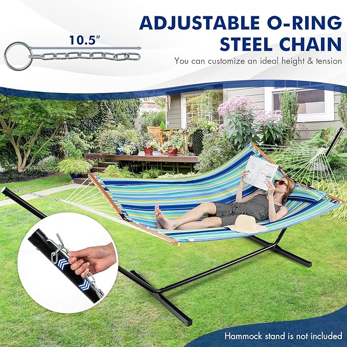 Goplus 10.5 FT Hammock, Quilted 2 Person Hammock w/Detachable Pillow, 330LBS Capacity, Curved Hardwood Spreader Bar,Quick Dry Fabric, Portable Paddled Hammock Swing for Patio Yard Porch Indoor Outdoor