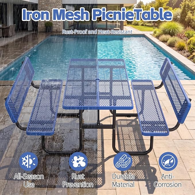72" Rectangular Metal Picnic Table with Backrest, Commercial Steel Picnic Tables with 1.73" Umbrella Hole, Heavy Duty Picnic Tables for Outdoor Garden Courtyard BBQ, Blue