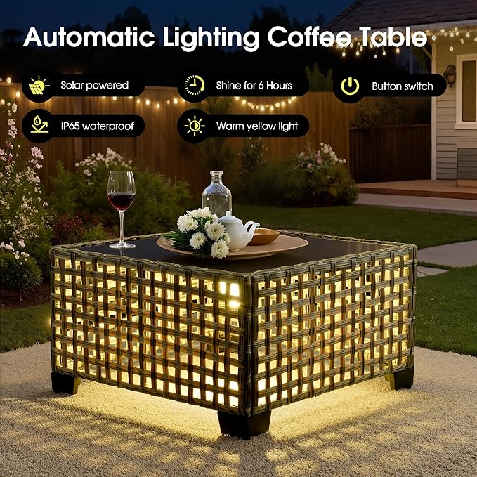 Rattan Patio Furniture Set with Swivel Chairs,9 Pieces Outdoor Sectional with Ottoman Glowing Coffee Table,Out Door Furniture Conversation Set,Beige
