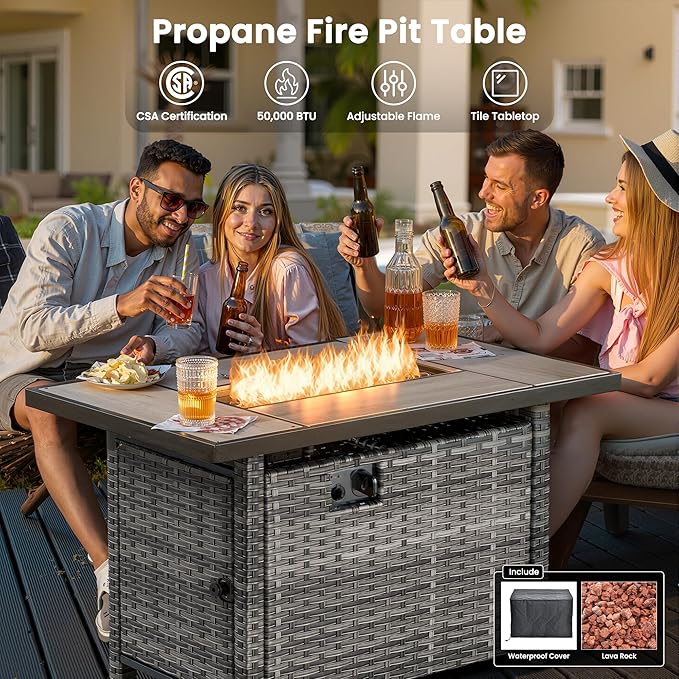 ovios 7-Pieces Patio Furniture Set with 42 Inch Fire Pit Table Swivel Chairs, Outdoor Wicker Sofa Couch Gliders Rocker, High Back Modern Conversation Set, Grey Rattan, Grey