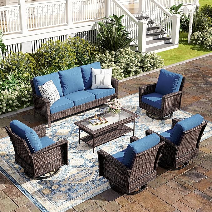 6-Piece Wicker Patio Furniture Set with Swivel Chairs, High Back Outdoor Sofa with 5.5-inch Thick Cushion, All-Weather Wicker Patio Conversation Set for Deck Yard Pool, Navy Blue