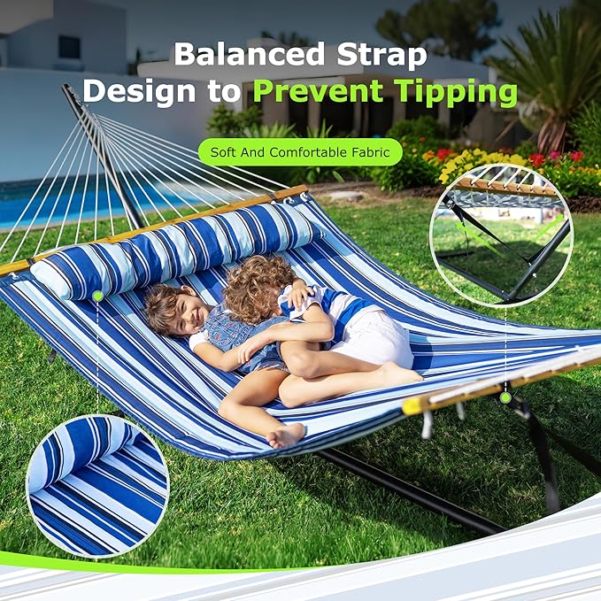 Double Hammock with Stand, Heavy Duty Outdoor Hammock for Two, 500 LBS Capacity, Stable Steel Frame with Balance Strap, Easy Tool-Free Assembly for Patio, Garden, Backyard & Beach,Blue