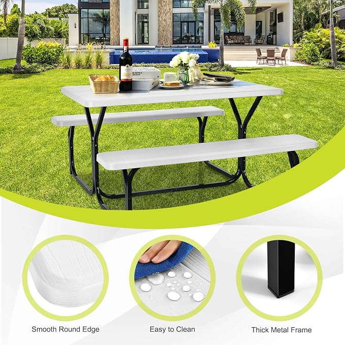 HAPPYGRILL Outdoor Picnic Table Bench Set with Metal Frame & All Weather-Resistant Surface, Camping Table Set for Patio Backyard Poolside Garden Dining Party