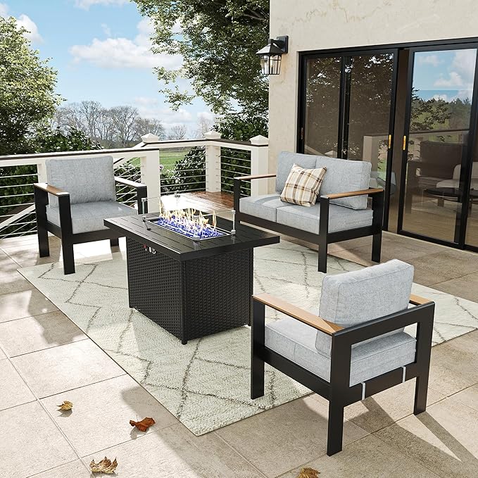 4 Pieces Aluminum Outdoor Patio Furniture Set with Fire Pit Table, Outside Metal Patio Conversation Sets with Deep Seating and Thick Cushions