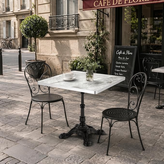 31.5" Outdoor Dining Table, Square Bistro Table w/Sintered Stone Tabletop | and Cast Iron Base, Weather Resistant Anti-Rust Small Bistro Table for 2-4 for Outdoor Garden Café Use (Silver Gray)