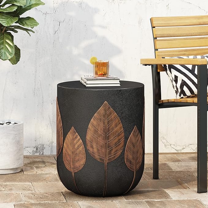 Outdoor Side Table Concrete End Table Round Drum Side Tables Vintage Small Coffee Tables for Indoor Outdoor,Garden Stool for Patio Porch Backyard,Cylinder, Black & Gold Leaves