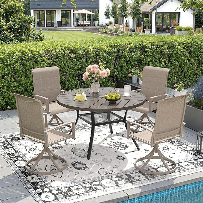 DIFY 5 Piece Outdoor Dining Set, Metal Patio Table and Chairs Set, 40.6" Grey Wood-Like Round Dining Table & 4 Sandshell Padded Textilene Swivel Patio Chairs, Outdoor Furniture Set for Garden Backyard