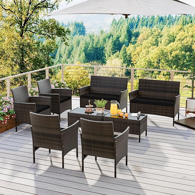 HAPPYGRILL 8 Pieces Outdoor Rattan Conversation Set, Patio Wicker Furniture Set with Loveseat Chairs & Tempered Glass Coffee Table, Outside Sectional Sofa Set for Backyard Garden & Poolside