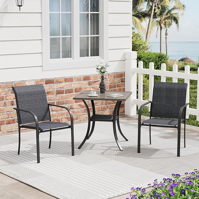 3 Pieces Patio Dining Set, 28" Square Dining Table with Storage Shelf, 2 Stackable Textilene Fabric Chairs, Metal Structure for Patio, Porch, Garden(Grey Table, Grey Chair)