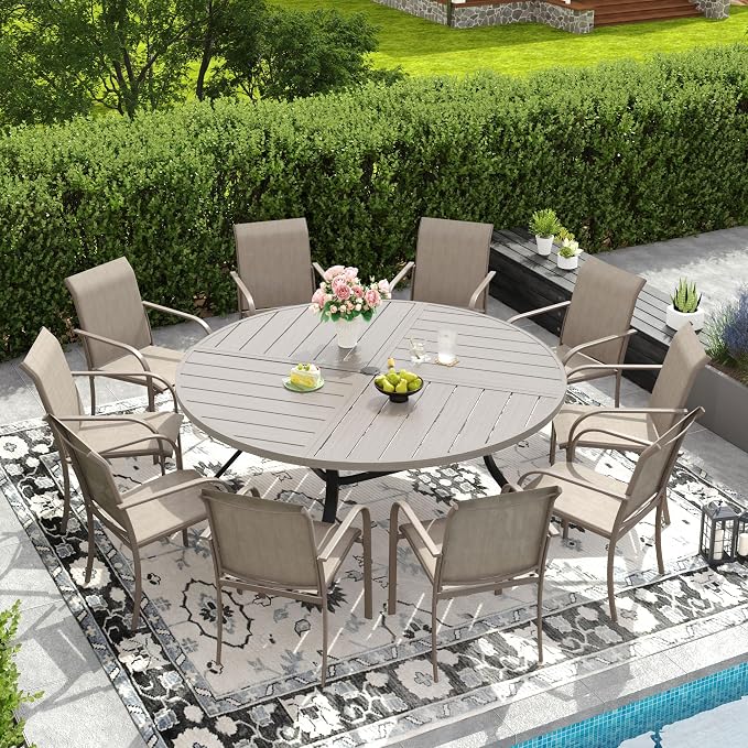 DIFY 11 Pieces Outdoor Patio Dining Set for 10, 63" Grey Wood-Like Round Metal Patio Table and 10 Sandshell Stackable Textilene Patio Chairs, Outdoor Table and Chairs for Backyard Garden Poolside