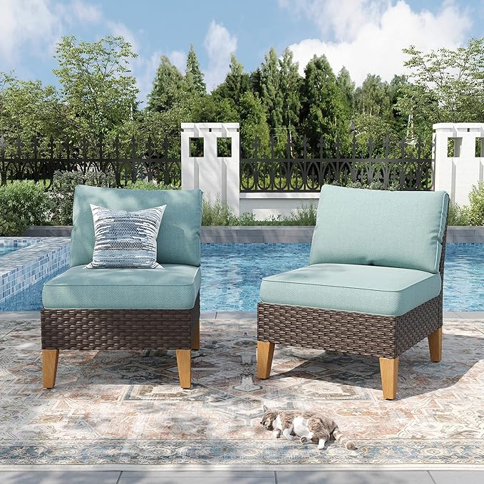 PHI VILLA Wicker Patio Furniture Sofa Set, 2 Seats Rattan Sofa with Deep Seating for Poolside, Garden 2 x Armless Sofa, Aqua Blue