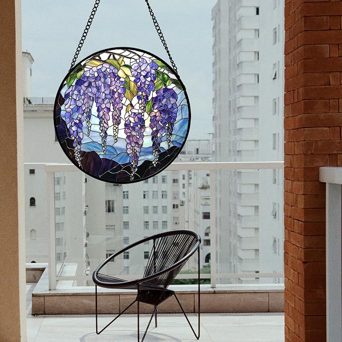 DASTOLL Stained Glass Window Hanging, Purple Wisteria Flowers Suncatcher for Doors Window Home Plant Sun Catchers Decoration Mother's Day Birthday Gifts for Women, Men, and Mom 7.8x7.8 in