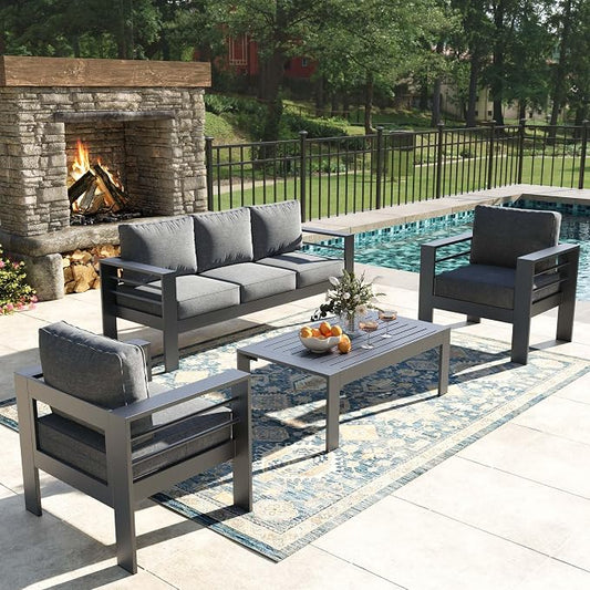 4 Pieces Modern Aluminum Patio Furniture Set, Outdoor Conversation Sets Metal Sectional Sofa with Coffee Table