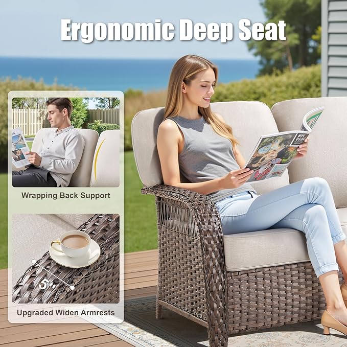 75'' Outdoor Patio Couch Wicker Sofa, All Weather Rattan 3 Seater Sofa High Back Couch with Deep Seating and Removable Cover, Outdoor Patio Furniture for Deck Porch Sunroom Backyard, Beige