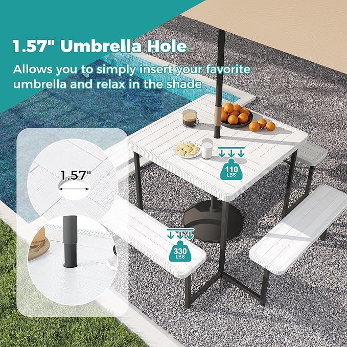 Giantex Picnic Table Bench Set for 4-8 People, 34" Outdoor Square Dining Table & 2 Benches w/Umbrella Hole, HDPE Tabletop, Metal Frame, Patio Camping Furniture for Backyard Porch Lawn (White,Square)