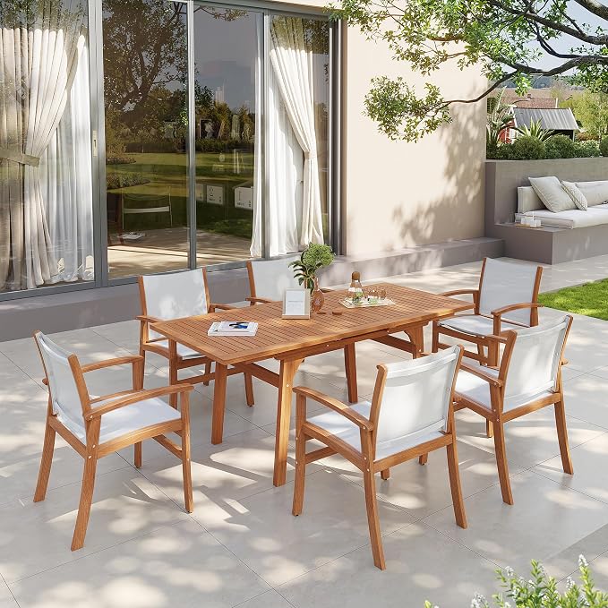 OC Orange-Casual Patio Furniture Set, Acacia Wood Patio Dining Set for 6-8, Outdoor Expandable Table and Chairs Set with Umbrella Hole and Breathable Textilene Fabric for Garden (White, 7 Pieces)