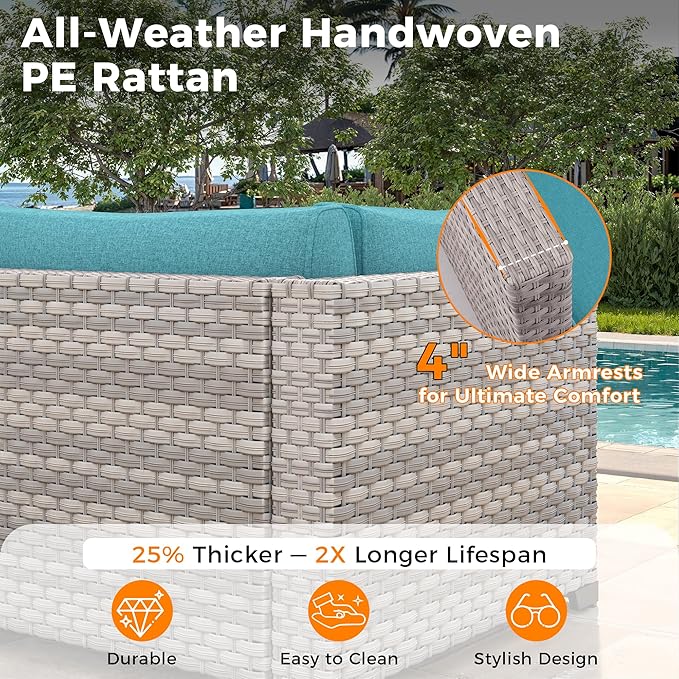 14-Seat Modern Patio Furniture Set with Swivel Rocking Chairs, Thick 4″ Cushions, Dual-Strand Wicker Rattan, Rust-Resistant Steel Frame – Outdoor Conversation & Modular Sectional,Blue