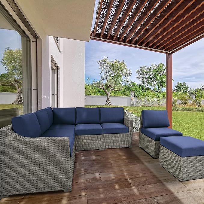 HAPPATIO 7 Piece Patio Conversation Set,Rattan Wicker Outdoor Sectional Sofa,All-Weather Patio Furniture Set,Multiple Combination Sofa. Patio sectional Set for Patio and Balcony.(Gray/Blue)