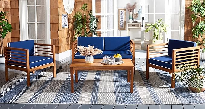 SAFAVIEH Outdoor Collection Alda Natural/Navy Cushion with White Piping 4-Piece Conversation Patio Set