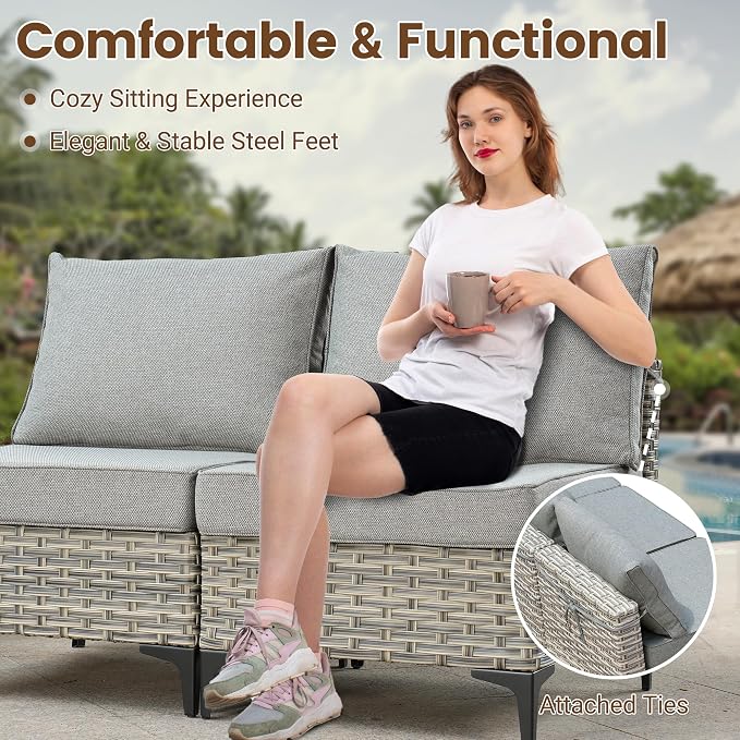 7 Pieces Wicker Patio Furniture Set,Outdoor Sectional Sofa with Coffee Table Comfy Cushions,Modern Modular Deep Seat Rattan Couch Conversation Set,Dark Grey