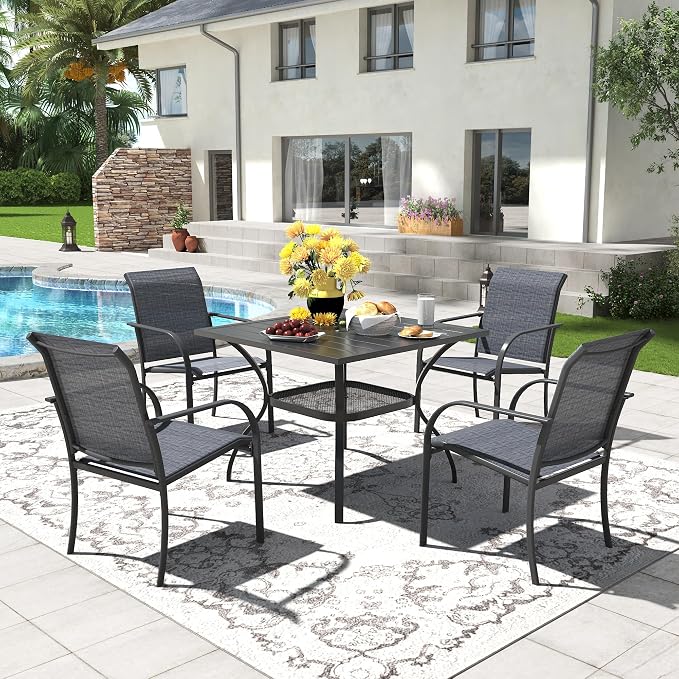 5 Pieces Patio Dining Set, 38" Square Dining Table with Umbrella Hole, 4 Stackable Textilene Fabric Chairs, Metal Structure for Patio, Porch, Garden(Black Table, Grey Chair)