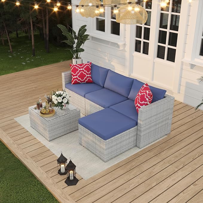 5 Piece Outdoor Patio Furniture Set, Rattan Deck Conversation Sofa Set with Non-Slip Cushions, All-Weather Sectional Sofa with Glass Storage Table and Balcony Footstool, Poolside, Garden, Gray+Blue