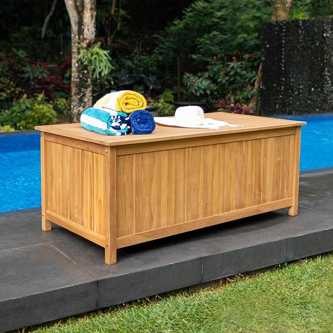Cambridge Casual Arie 60-Inch Teak Outdoor Deck Box Storage Chest, Weather-Resistant Patio Organizer with Soft-Close Lid for Pool, Garden & Backyard, 119 Gallons
