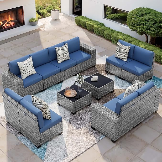 Patio Furniture Set, 12 Pieces Outdoor Sectional Sofa Conversation Sets with Waterproof Cover Modern Wicker Seating Set, 4'' Thickened Cushions & 2 Glass Coffee Table, Navy Blue