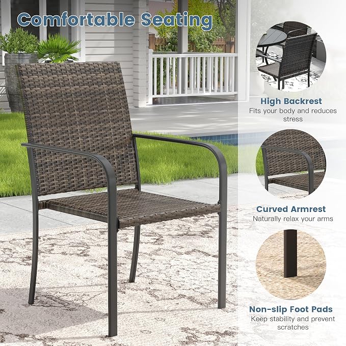 DIFY 7 Piece Outdoor Dining Set, Patio Table and Chairs Set for 6 with Umbrella Hole, 50" Black Round Dining Table & Stackable Wicker Patio Chairs, Metal Patio Furniture Set for Garden Backyard