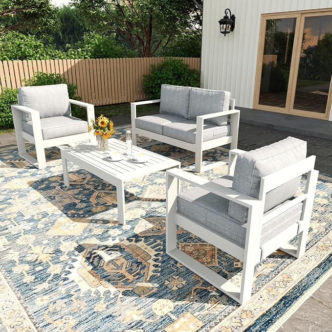 4 Piece Modern Aluminum Patio Furniture Set, Outdoor Patio Sectional Conversation Metal Seating Sets with Olefin Cushion and Coffee Table