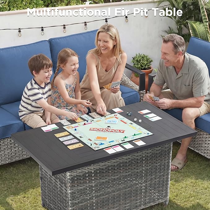 Patio Furniture Set with 42.5" Fire Pit Table-8 Pieces All Weather Wicker Outdoor Furniture with High Back Swivel Patio Chairs Set of 4 Outdoor Patio Conversation for Deck Garden Blue/Gray
