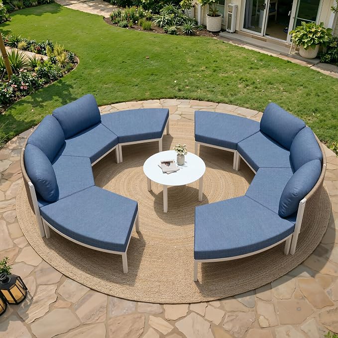Crestlive Curved Patio Furniture Set, Modular Half Moon 8-Seater Sofa with Round Coffee Table, Aluminum Outdoor Sectional with 4.3" Cushions, All-Weather Couch for Backyard, Deck, Porch, Poolside