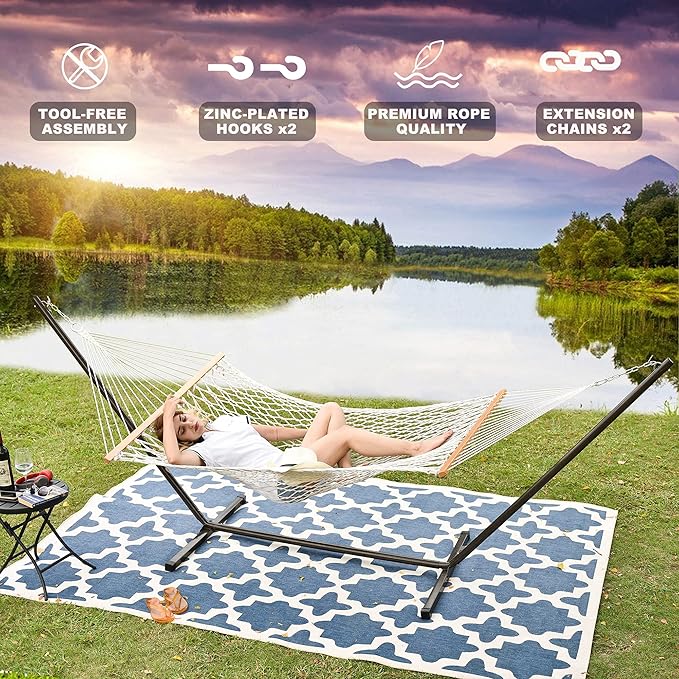 Lazy Daze Hammocks Double Hammock with 12 ft Steel Stand, 2 Person Cotton Rope Hammock with Quilted Pad, Spreader Bars, Detachable Pillow, Mag Bag & Cup Holder, Red&Navy Stripe