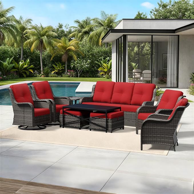 Joyside 9 Piece Wicker Patio Furniture Set, Outdoor Swivel Rocker Patio Chairs with High Back, Deep Seating, Wide Armrest, Thickened Cushions, Outdoor Furniture for Deck, Porch Use