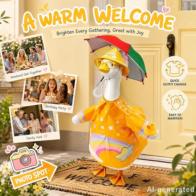 SIQUK Raincoat Porch Goose Outfits Raincoat Goose Clothes Fits 23" Statue | Raincoat Porch Goose Costume, Waterproof Goose Statue Clothes, With Hat Glasses Umbrella, All-Season Outdoor Decor