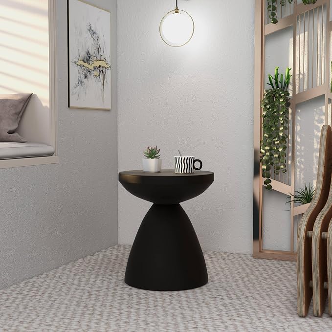 LeisureMod Modern Side Table with Fiberstone Top 20” Round Accent Table and Hourglass Pedestal Base for Outdoor or Indoor Dune Series in Black
