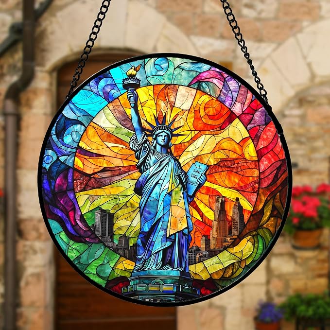 DASTOLL Stained Glass Window Hanging, Statue of Liberty Sun Catchers Diamond Glass Panel Hangings Suncatcher Decor for Birthday for Women, Men, Wife, Aunt, and Mom 6.3x6.3 in