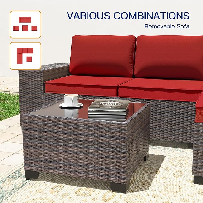 6 Pieces Patio Furniture Sets with Glass Tea Table,PE Rattan Wicker Patio Conversation Set with Washable Cushions,Outdoor Patio Sectional Furniture Set for Backyard, Poolside, Garden,Red