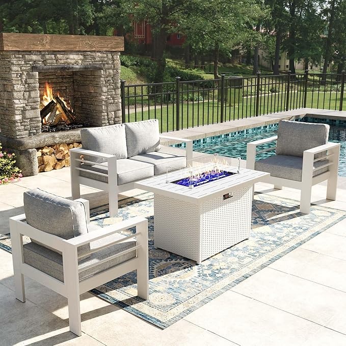 4 Pieces Modern Aluminum Patio Furniture Set with Fire Pit Table, Outdoor Conversation Sets Metal Sectional Sofa