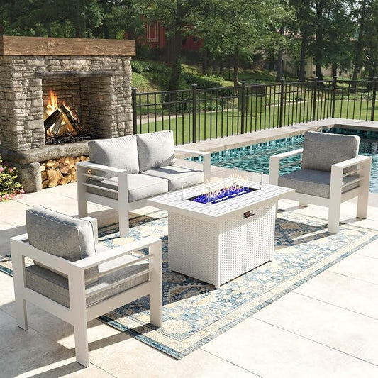 4 Pieces Modern Aluminum Patio Furniture Set with Fire Pit Table, Outdoor Conversation Sets Metal Sectional Sofa