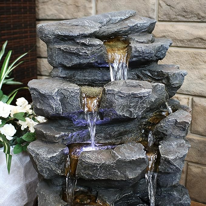 Sunnydaze 24-Inch Grotto Falls Polyresin Outdoor Water Fountain with LED Lights