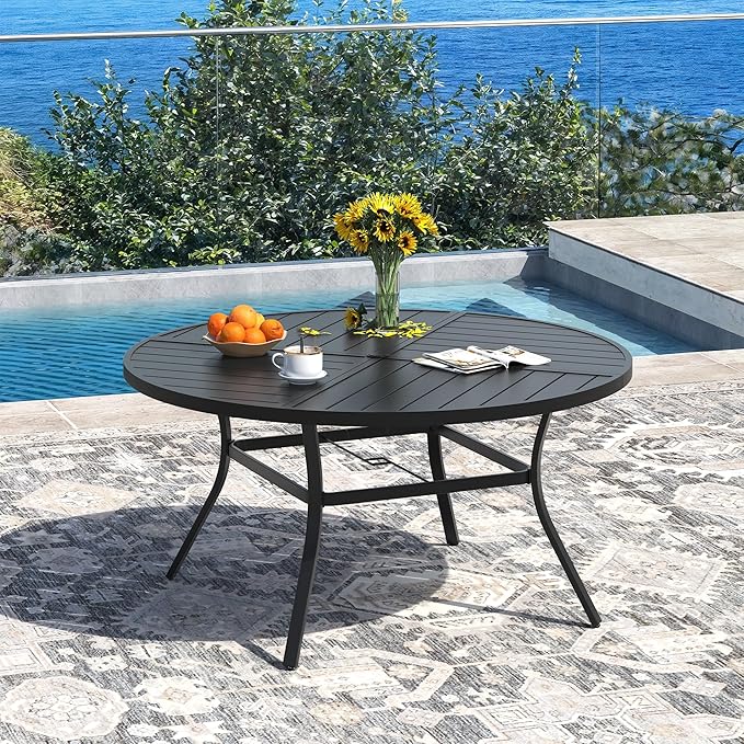 DIFY 7 Pieces Outdoor Patio Dining Set for 6, 50" Black Round Metal Dining Table and 6 Red Stackable Sling Dining Chairs, Outdoor Table and Chairs for Lawn Garden Backyard Deck