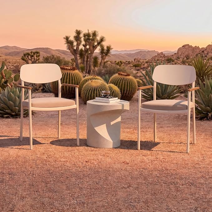 Modern Shade Lusso Outdoor Dining Chairs Set of 2, Fade Resistant, All-Aluminum Outdoor Chairs with FSC Teak Wood Armrests, Weather-Resistant Patio Chair with Quick Dry Cushion, White