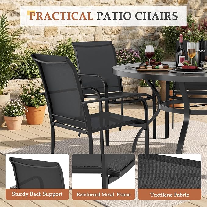 Incbruce 7 PCS Patio Dining Set, Outdoor Dining Set of 6 Textilene Chairs and 53" Round Table with Umbrella Hole for Backyard, Garden, and Poolside (Black)