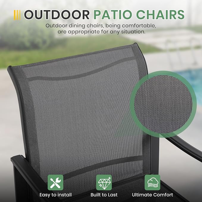 LVUYOYO 7-Piece Outdoor Patio Dining Set, Textilene Dining Chairs & Rectangular Table Set, All-Weather Table and Chairs Set with Umbrella Hole for Backyard, Garden,Balcony,Porch (Gray)