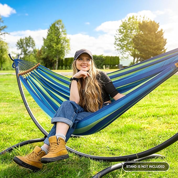 SUNCREAT Hammocks Outdoor Camping Double Hammock with Spreader Bar, Carrying Bag, Blue & Green