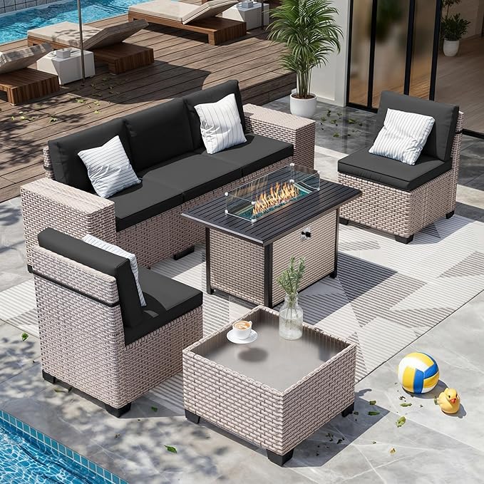 7-Piece Outdoor Patio Furniture Set with Fire Pit, Modular Sectional Sofa Set with Glass Coffee Table and Cushions, Wicker Outdoor Couch Conversation Sets, Black