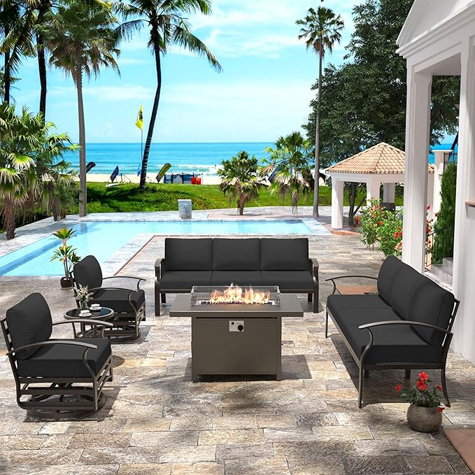 Aluminum Patio Furniture Set with 55,000 BTU Propane Fire Pit Table, 8 Seats Metal Modern Outdoor Furniture w/5.1" Cushions, Sectional w/Swivel Chairs for Backyard, Dark Grey